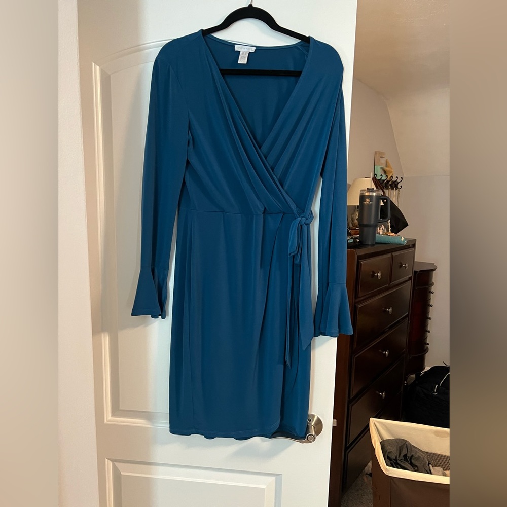 London Times Size 10 Dark Teal Faux Wrap Dress